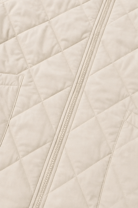 Women's Quilted Puffer Jacket with Knit Panel Trim at Waist and Cuffs