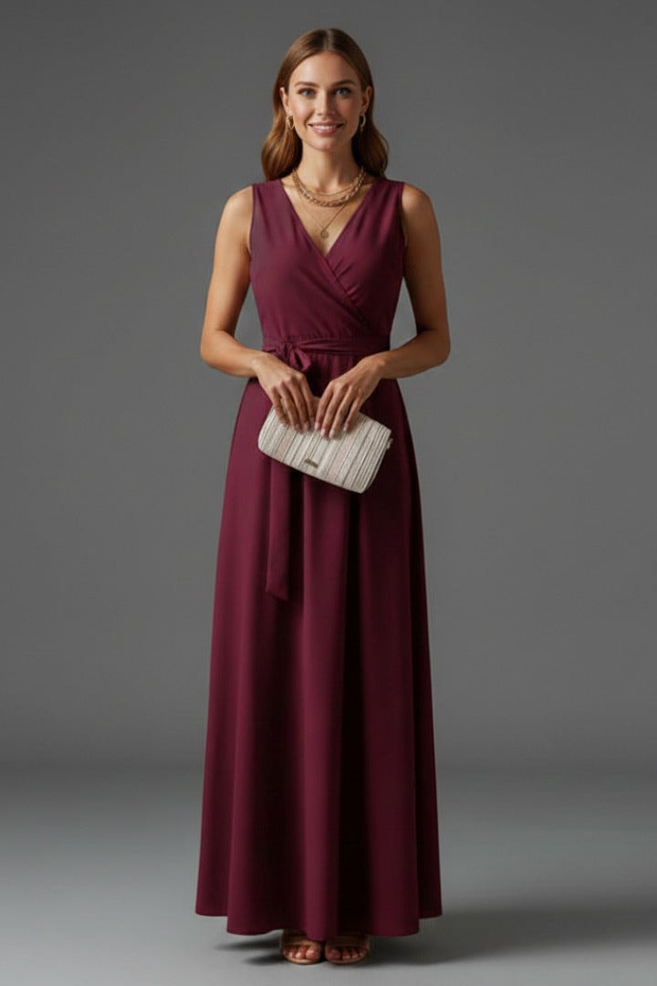 Satin Wrap Maxi Dress with Tie Waist for Christmas Party in Red