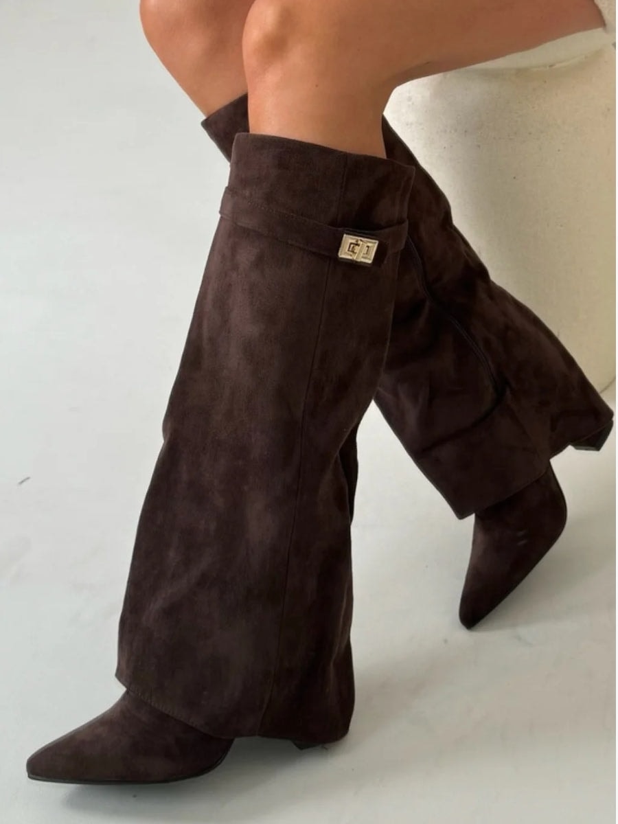 Fold-Over Pointed Toe Knee-High Suede Boots with Structured Fit for Women