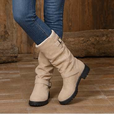 Slouchy Mid-Calf Boots with Buckle Strap for Women