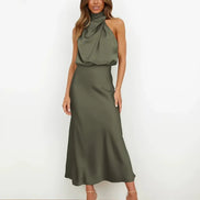 Satin Halter Neck Midi Dress for Christmas Party Occasions in Apricot