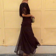 Arabella Off Shoulder Mesh Christmas Party Dress with Flowing Midi Skirt