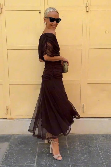 Arabella Off Shoulder Mesh Christmas Party Dress with Flowing Midi Skirt