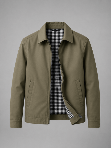 Lightweight Full Zip Mens Jacket with Checked Lining and Point Collar