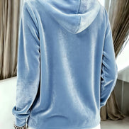 Women's Long-Sleeve Velvet Hoodie with Button Placket and Drawstring