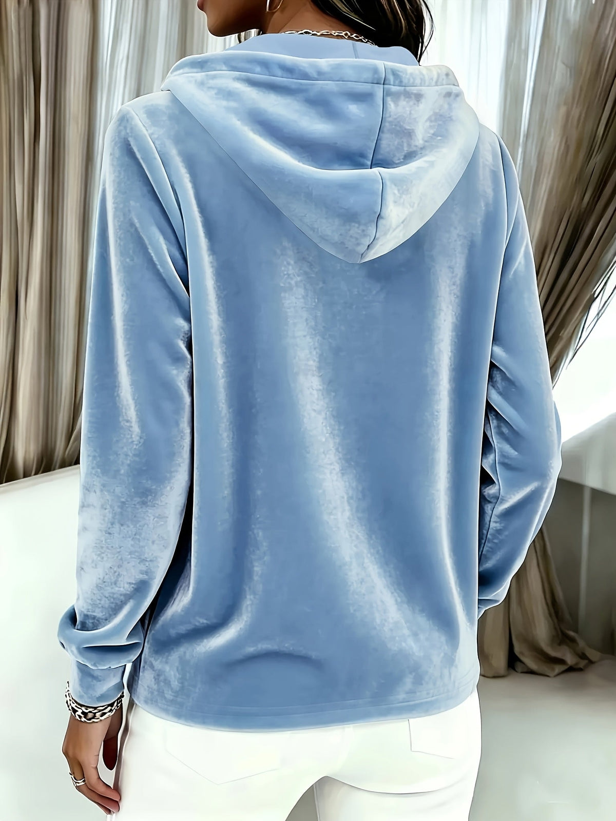 Women's Long-Sleeve Velvet Hoodie with Button Placket and Drawstring