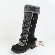 Women's Black Faux Suede Mid-Calf Boots with Faux Fur Trim and Pom-Pom Lace-Up Detail