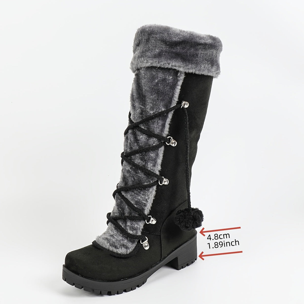 Women's Black Faux Suede Mid-Calf Boots with Faux Fur Trim and Pom-Pom Lace-Up Detail