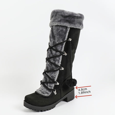 Women's Black Faux Suede Mid-Calf Boots with Faux Fur Trim and Pom-Pom Lace-Up Detail