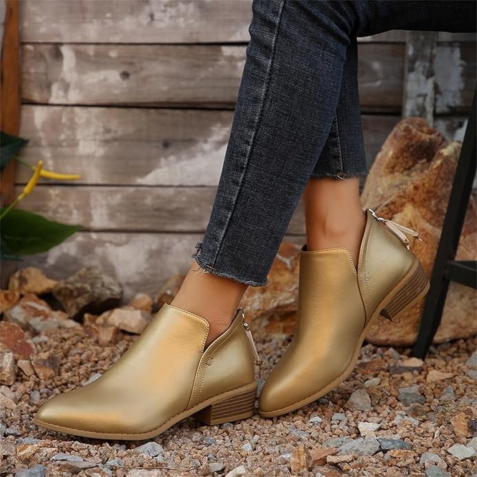 Ankle Low Heel Slip On Womens Boots with Back Zip Detail