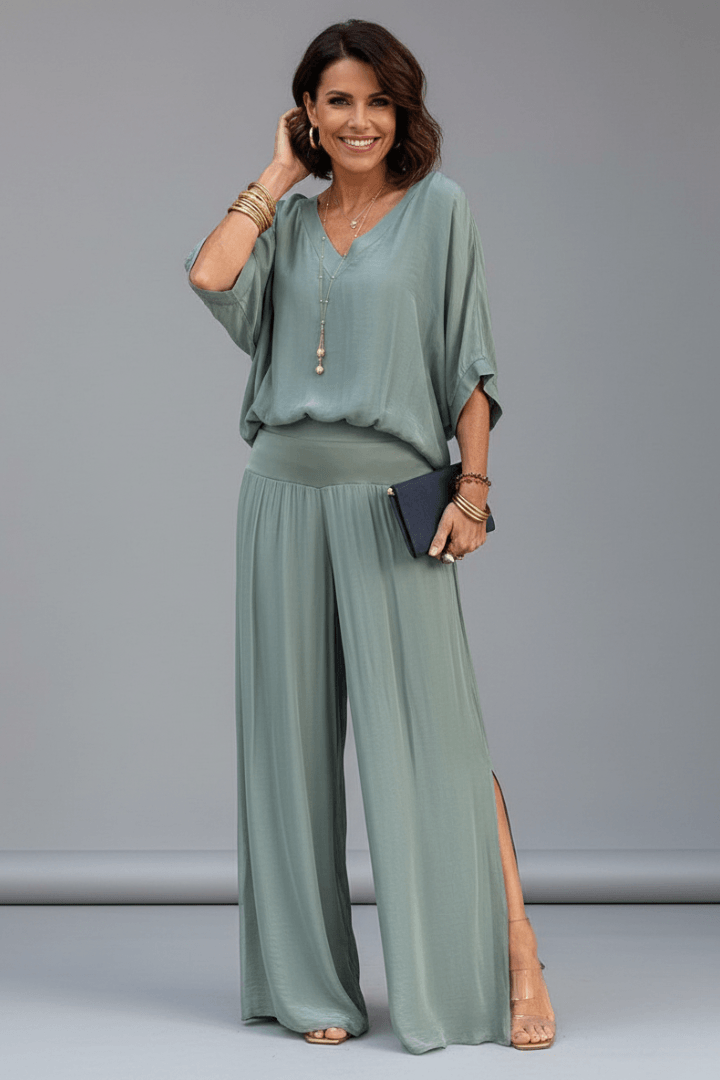 Natalie Chiffon Wide-Leg Women's Two-Piece Co-Ord Set with Draped Top