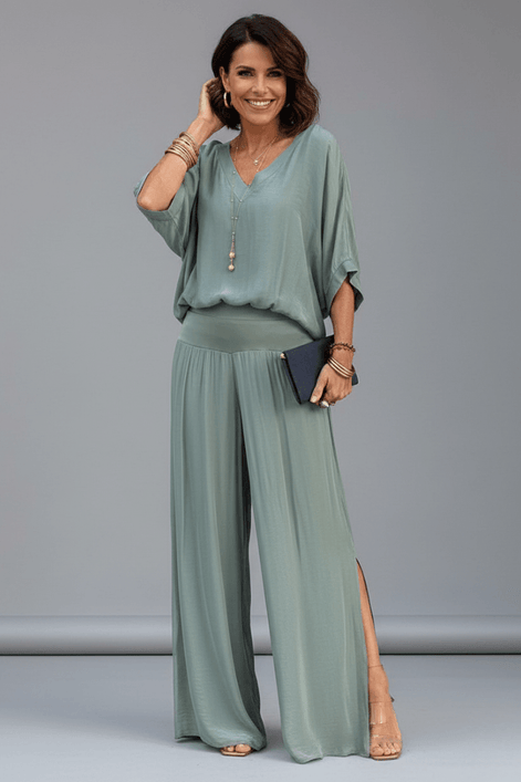 Natalie Chiffon Wide-Leg Women's Two-Piece Co-Ord Set with Draped Top