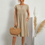 Casual Cotton Midi Shift Christmas Party Dress with Pockets for Autumn Wear