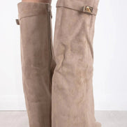 Suede Fold-Over Boots with Gold Buckle Detail for Women
