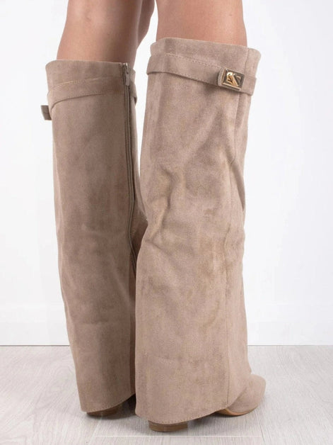 Suede Fold-Over Boots with Gold Buckle Detail for Women