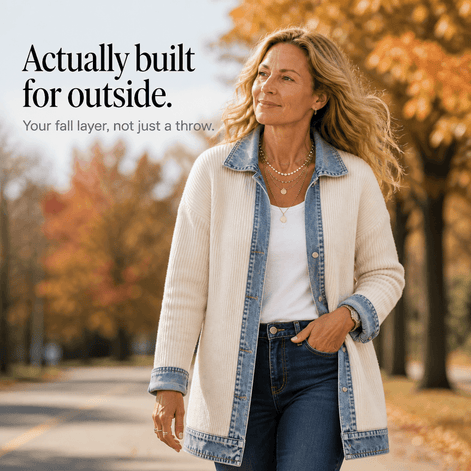 Women's Ribbed Knit Cardigan Coat with Denim Panel Trim
