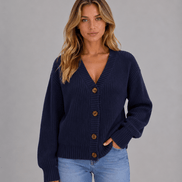 Women's Chunky Ribbed Knitted Cardigan with V-Neck and Button Front