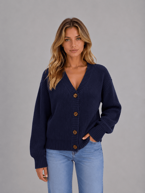 Women's Chunky Ribbed Knitted Cardigan with V-Neck and Button Front