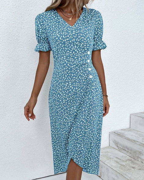 Floral Wrap Midi Dress in Polyester for Autumn and Christmas Parties