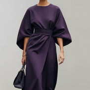 Belted Satin Midi Dress with Draped Skirt for Christmas Parties