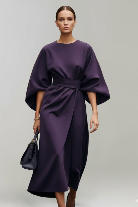 Belted Satin Midi Dress with Draped Skirt for Christmas Parties