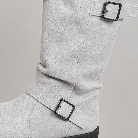 Women's Ribbed Cuff Lug Sole Slouch Boots with Buckle Detail