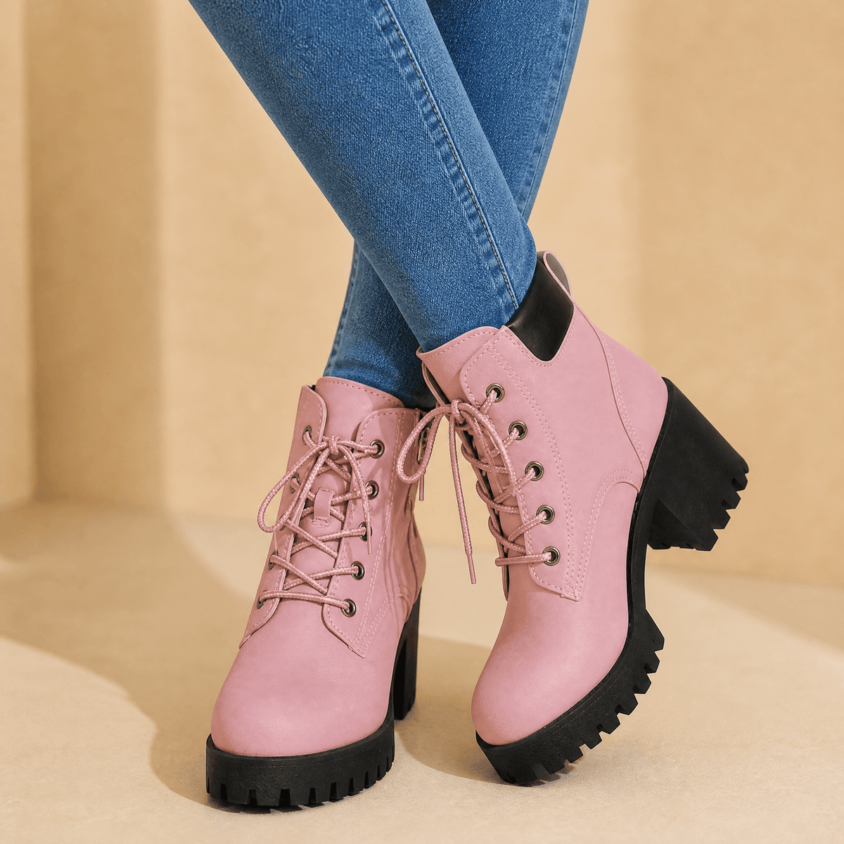 Stridara Lightweight Chunky Platform Combat Boots for Women in PU Leather