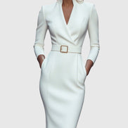 Long Sleeve Belted Bodycon Christmas Dress with Stand Collar