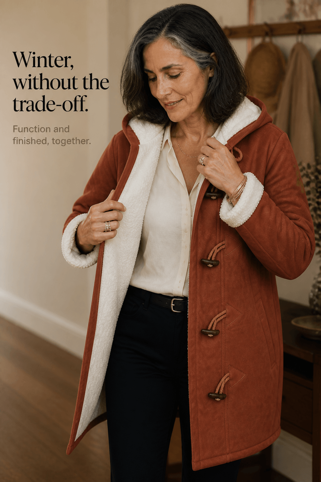 Women's Hooded Faux Suede Winter Coat with Plush Sherpa Lining