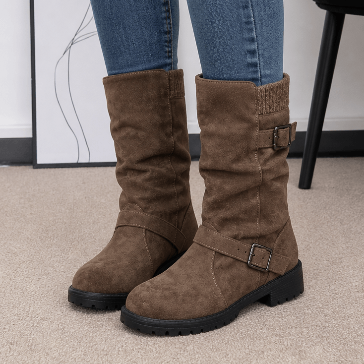 Slouchy Mid-Calf Boots with Buckle Strap for Women