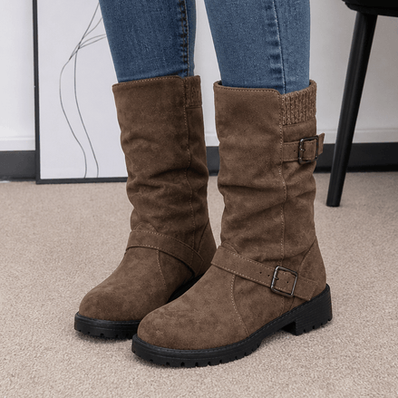 Slouchy Mid-Calf Boots with Buckle Strap for Women