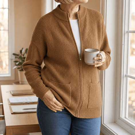 Women's Ribbed Zip-Up Knitted Cardigan with Pockets