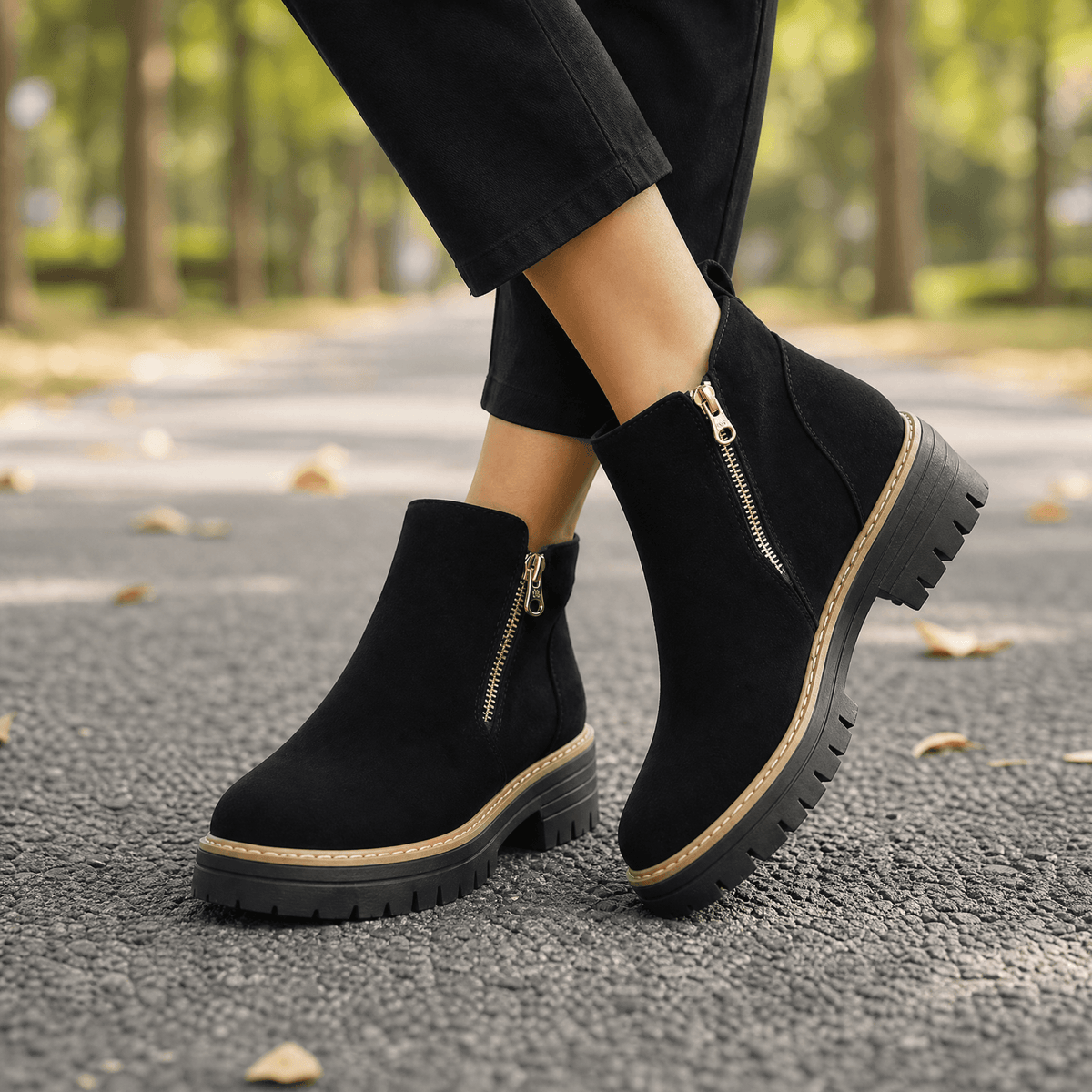 Women's Suede Chelsea Boots with Side Zip and Chunky Heel