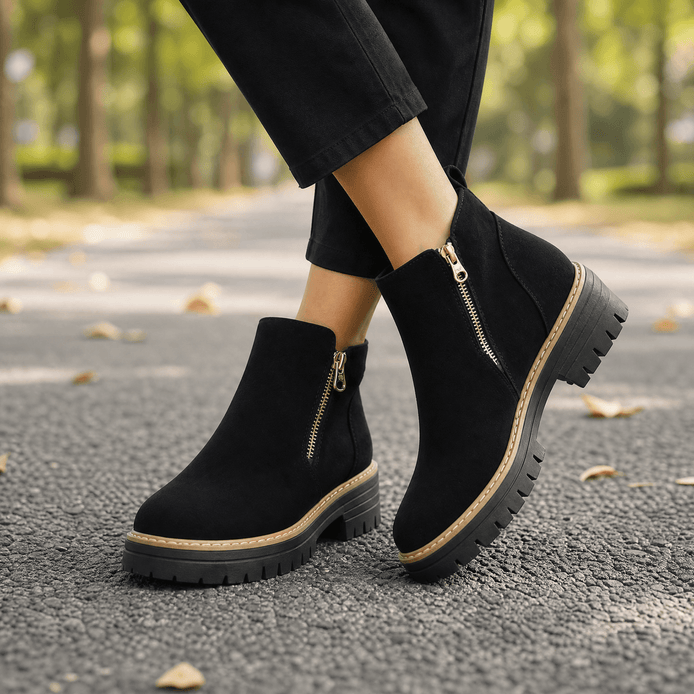 Women's Suede Chelsea Boots with Side Zip and Chunky Heel