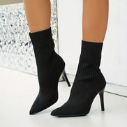 Pointed-Toe Ribbed Knit Women's Ankle Boots with Stiletto Heel