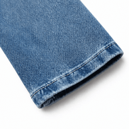 Ruffle-Trim Open-Front Denim Jacket with Puff Shoulders