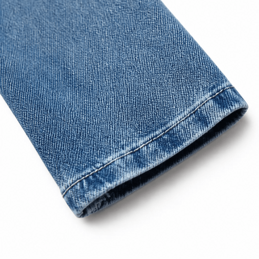 Ruffle-Trim Open-Front Denim Jacket with Puff Shoulders