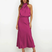 Satin Halter Neck Midi Dress for Christmas Party Occasions in Apricot