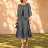 Elavine Lace Overlay Chiffon Women's Midi Dress with Sheer Sleeves