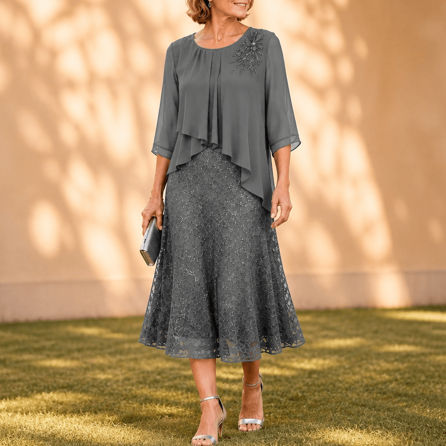 Elavine Lace Overlay Chiffon Women's Midi Dress with Sheer Sleeves