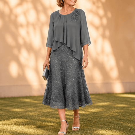 Elavine Lace Overlay Chiffon Women's Midi Dress with Sheer Sleeves