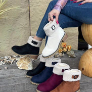 Women's Faux Suede Ankle Boots with Shearling Cuff and Block Heel