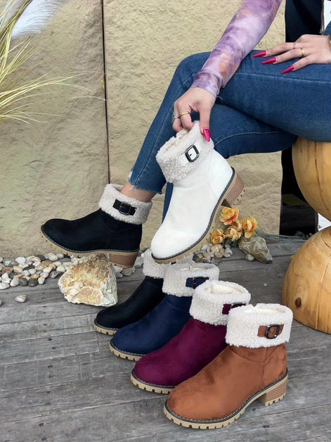 Women's Faux Suede Ankle Boots with Shearling Cuff and Block Heel