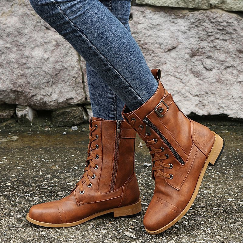 Hazel Faux Leather Combat Boots with Side Zip and Buckle Detail for Women