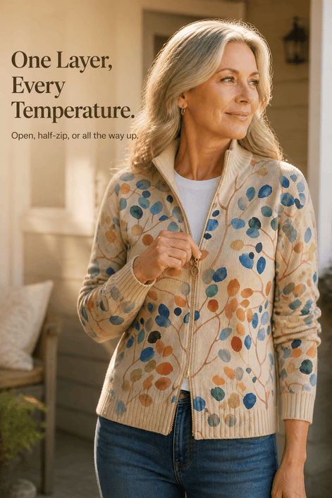 Women's Botanical Print Zip-Up Knit Bomber Cardigan