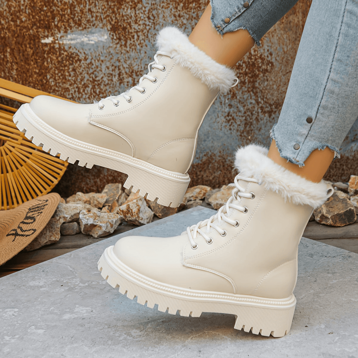 Faux Fur-Trimmed Lace-Up Platform Boots for Women with Lug Sole