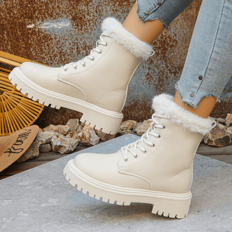 Faux Fur-Trimmed Lace-Up Platform Boots for Women with Lug Sole